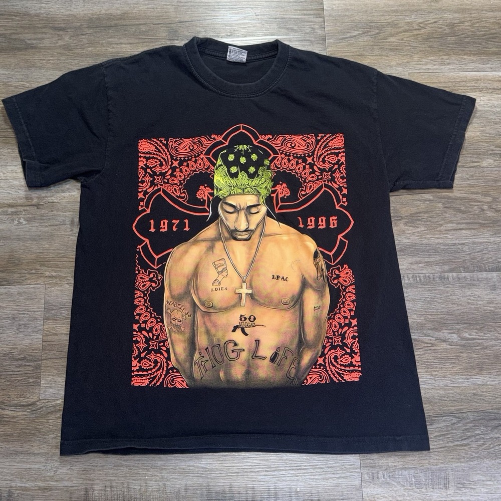 VTG 90s Ariari Sport AS Collection Tag 2 Pac Black Shirt Mens L "Thug Life"